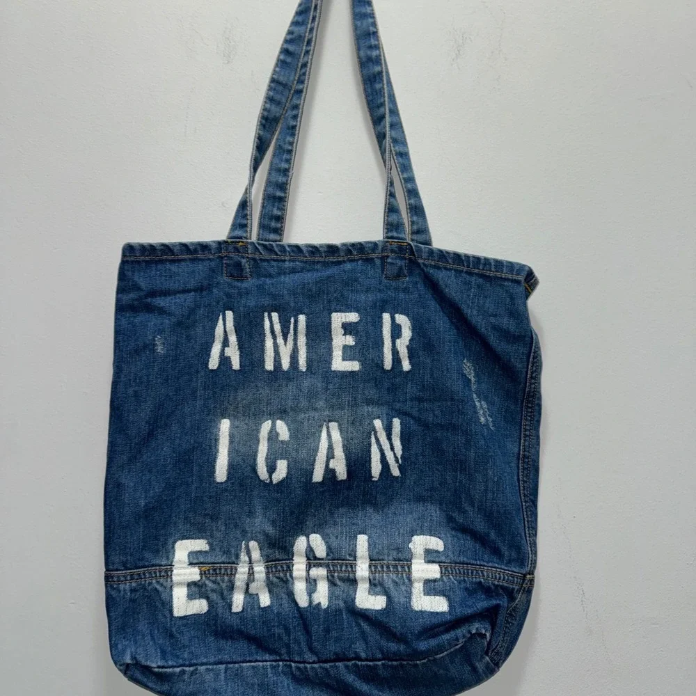 American Eagle Outfitters Distressed Denim Tote Bag Blue Jean Graphic Logo Y2K